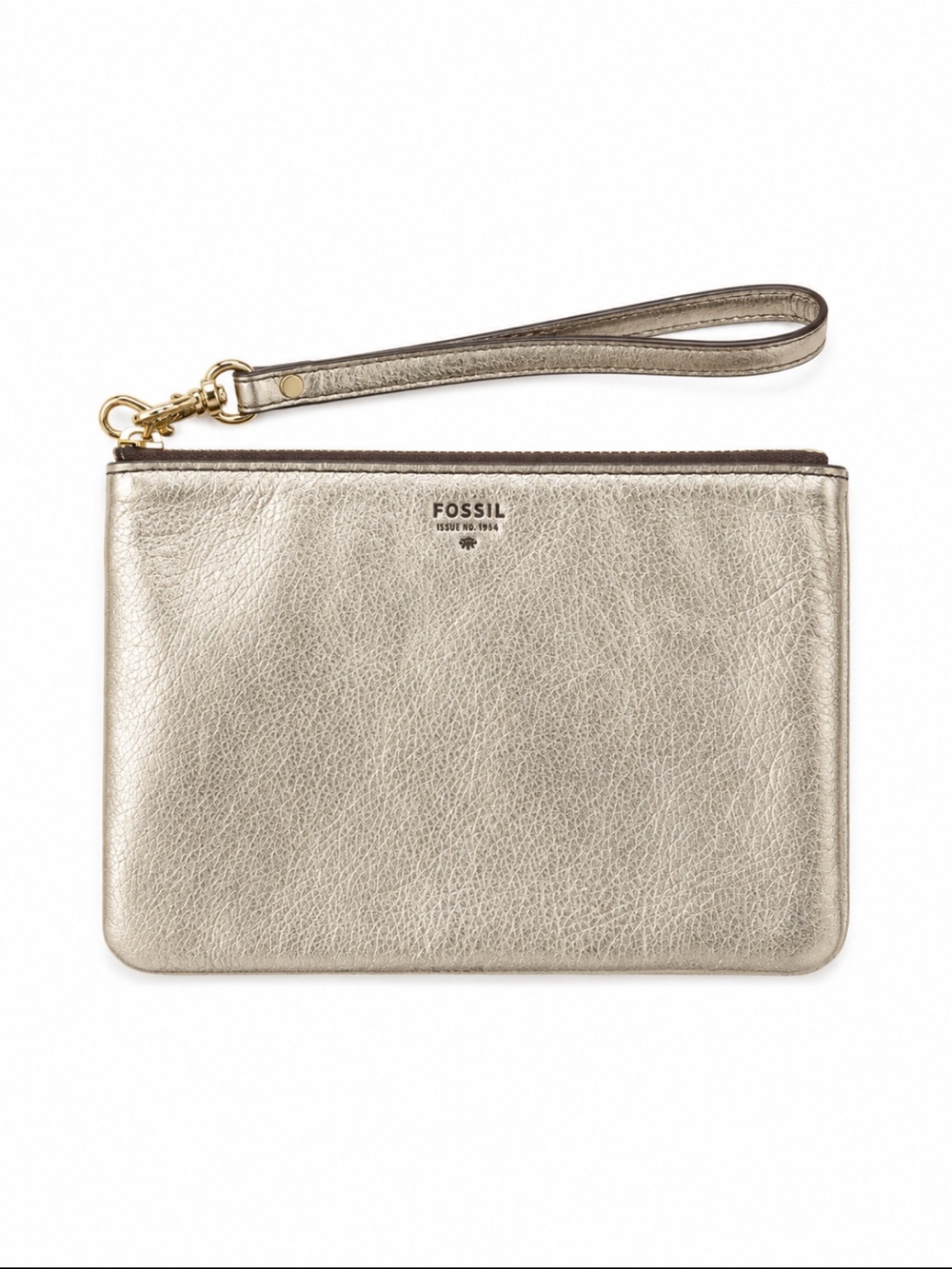 Fossil Metallic Gold Leather Wristlet Clutch Zip Pouch Wallet Detachable Strap
